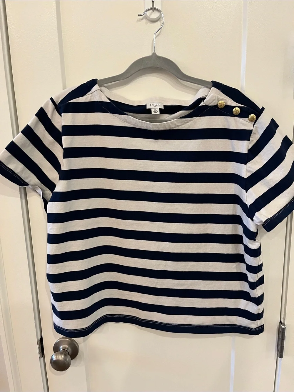 J. Crew Navy & White Striped Short Sleeve Tee with Gold Shoulder Buttons